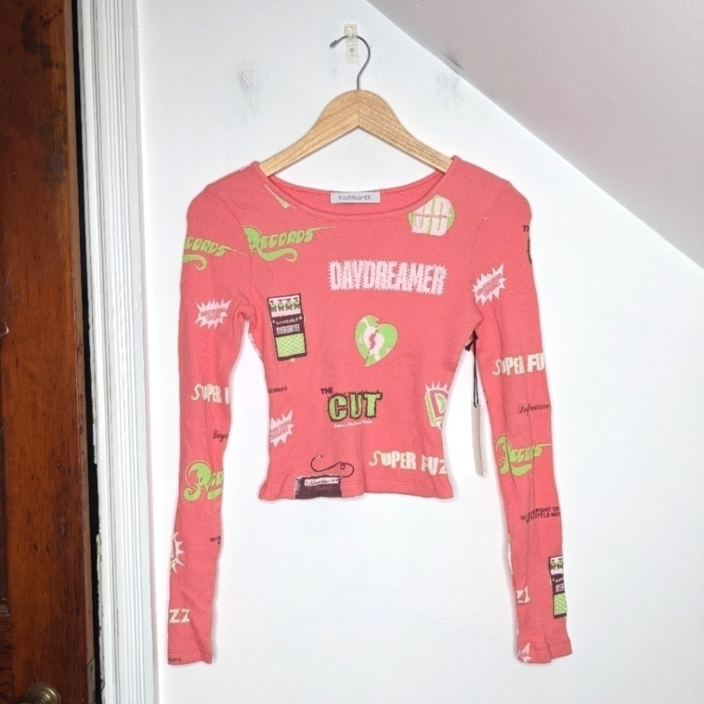 DAYDREAMER Retro 90s Graphic Cropped Fitted Long Sleeve Thermal NEW Size S